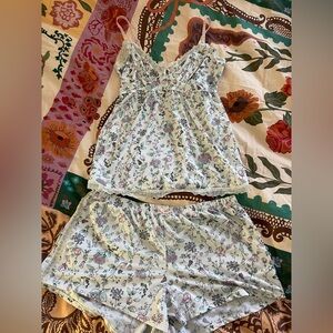 Laura Ashley Floral Print Pajama Set with Lace Trim